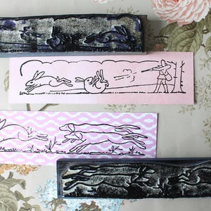 Tampon éducatif frise CHASSE des années 60, vignette scolaire, illustration 1950, 4042