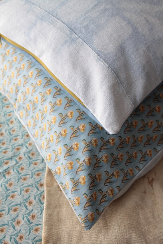 Squared Blue Cushion in Antique French Linen, Vegetable Dye, Hand 