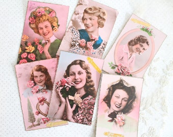 6 Retro postcards 1950 France, Woman portrait photography, Collection of postcards, 4320