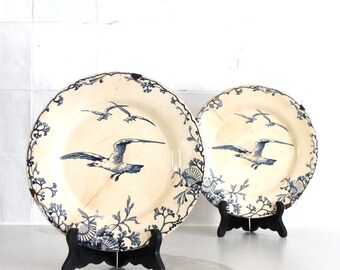 Set of 2 Antique Gien Opaque Ironstone Plates, French Terre de Fer Seagull Dinner Plates, Vintage Gien Faience, Coastal Farmhouse Decor