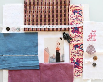Lot of antique French fabrics, dyed linens, lace, buttons, 4430