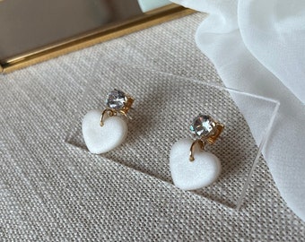 Handmade Polymer Clay Earrings - Love Bug Collection - Gold Cubic Zirconia Studs with Pearl Hearts