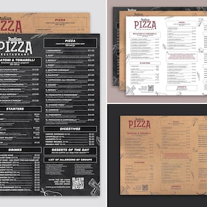 Minimal Restaurant Menu Template in 3 Styles -  Editable Pizza Restaurant, Classic, Cafe, Bar, Dinner Pad Paper Menu