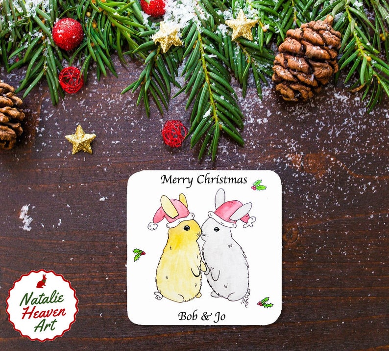 Christmas Drinks Coasters Personalised Couples Gifts Festive Wooden Table Mats Rabbit Lover Gift Bunnies in Xmas Hats Made in England Decor