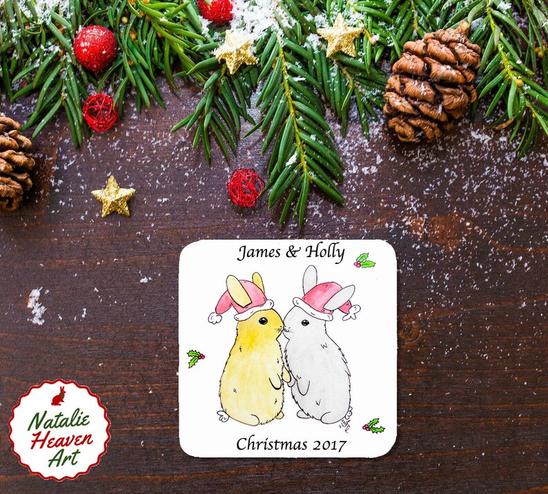 Christmas Drinks Coasters Personalised Couples Gifts Festive Wooden Table Mats Rabbit Lover Gift Bunnies in Xmas Hats Made in England Decor