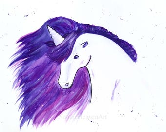 White Unicorn Print, Purple Unicorn Picture, Galaxy Unicorn Gift, Pretty Unicorn Painting, Ethereal Fantasy Unicorn Artwork, White Horse Art