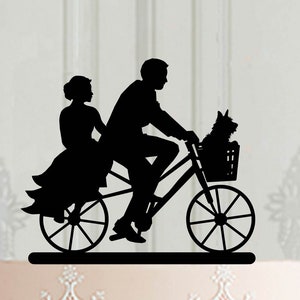 Wedding Cake Topper with bicycle, Bicycle wedding decor, Silhouette cake topper with bike and dog