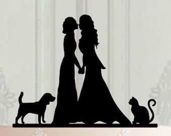 Custom Lesbian Wedding Cake Topper with pets, Mrs Mrs Cake Topper,2 brides cake topper, Female couple cake decoration, LGBT wedding decor