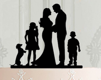 Adorno para pastel de bodas familiar totalmente personalizado, adorno de silueta con niños, adorno personalizado para pastel de bodas