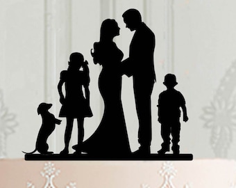 Fully Custom Family wedding cake topper, Silhouette topper with children, Customised topper for wedding cake