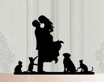 Custom pets wedding cake topper, Bride and groom with pet cake topper, Laser cut cake topper, Wood cake topper, Acrylic cake topper