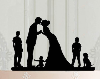 Adorno para pastel de bodas familiar totalmente personalizado, adorno de silueta con niños, adorno personalizado para pastel de bodas