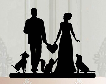 Adorno para tarta nupcial con silueta de gatos y perros, adorno personalizado de novios sosteniendo un corazón, adorno para tarta personalizado.