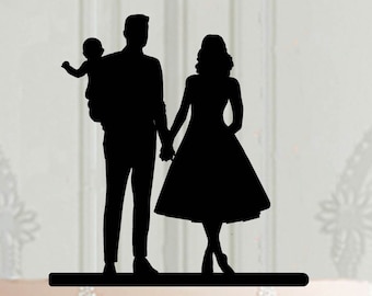 Wedding cake topper with groom holdind a baby. Tea length dress cake topper, Acrylic cake topper, Wedding decor, Cake decoration