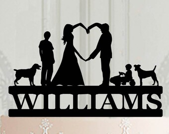 Adorno para pastel de bodas familiar totalmente personalizado, adorno de silueta con niños, adorno personalizado para pastel de bodas