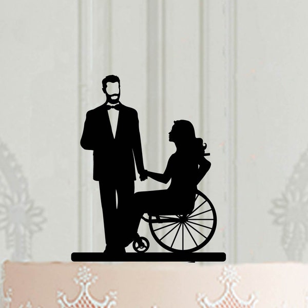 Wheelchair wedding cake topper, Bearded groom topper for wedding cake