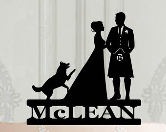 Décoration de gâteau de mariage écossais personnalisée - Silhouette de marié en kilt, décoration de gâteau personnalisée avec chien, avec chat, avec animaux de compagnie, avec nom