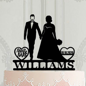Groom with beard and Curvy bride personalised wedding cake topper, MR and MRS dated cake topper