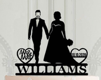 Adorno personalizado para pastel de bodas: novio con barba y novia con curvas, MR y MRS.