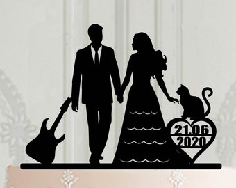 Custom wedding cake topper with guitar and cat, Bride and groom cake decor, Guitar cake topper for wedding