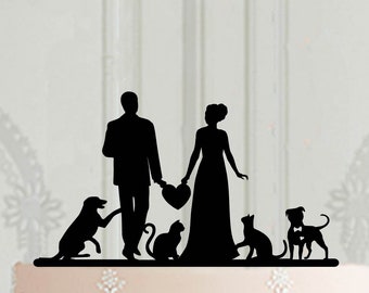 Custom Wedding cake topper with cats and dogs, silhouette topper  Bride and Groom holding heart, Customised Cake Topper