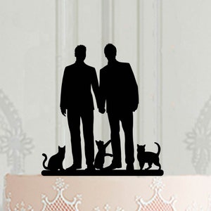 Custom Gay wedding cake topper with pets, Groom and groom silhouette topper with cats and a dog, LGBT wedding topper