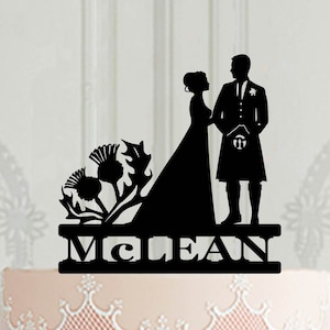 Scottish Thistle Wedding Cake Topper - Groom in kilt silhouette, Personalised cake topper, cake decor, Wedding decoration, Bride and groom