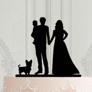 Custom pet silhouette wedding cake topper with baby , Family silhouette cake topper for wedding