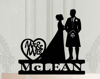 Scottish Wedding Cake Topper - Groom in kilt silhouette, Personalised cake topper, MR & MRS cake decor, Wedding decoration, Bride and groom