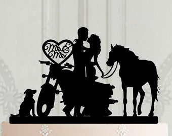 Wedding cake topper,  motorcycle cake topper, mr & mrs cake topper with pets, horse cake topper, dog, cat silhouette