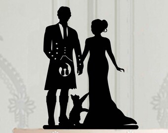 Adorno para pastel de boda escocés con gato mascota, adorno para pastel de silueta de novio con kilt, con mascota