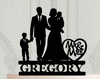 Personalised Wedding cake topper bride and groom with boy and baby, Cake decoration for wedding, acrylic silhouette, Bride holding baby