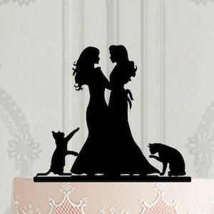 Custom Lesbian Wedding Cake Topper with pets, Mrs Mrs Cake Topper,2 brides cake topper, Female couple cake decoration, LGBT wedding decor
