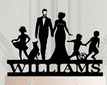 Adorno personalizado para tarta de boda con silueta familiar y niños, Adorno para tarta de boda, Novios con niños, Adorno para tarta personalizado