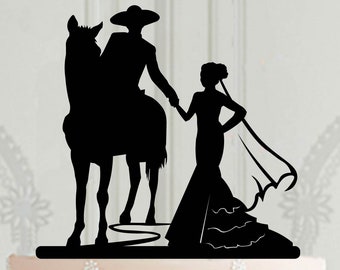 Horse Wedding Cake Topper, Bride and Groom with horse cake decor, Rustic cake topper, Silhouette cake topper, Mexican wedding cake topper