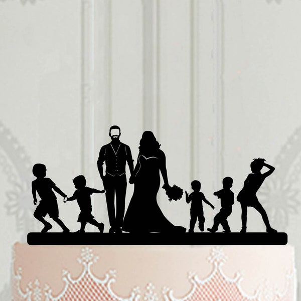 Fully Custom Family wedding cake topper, Silhouette topper with children, Customised topper for wedding cake