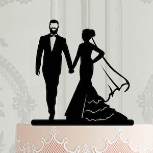 Silhouette Wedding Cake Topper, Bride and Bearded groom cake decor, Rustic cake topper, Silhouette cake topper, Acrylic cake topper