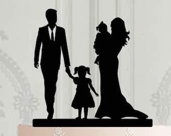 Wedding cake topper bride and groom with girl and baby, Cake decoration for wedding, acrylic silhouette, Bride holding baby wedding decor