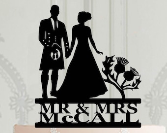 Scottish Wedding Cake Topper - Groom in kilt silhouette, Personalised cake topper, Custom cake decor, Wedding decoration, Bride and groom