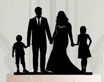 Silueta familiar para pastel de bodas, novia de talla grande, decoración de pastel de novia con curvas con niños, con niño y niña.