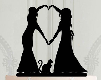 Lesbian wedding cake topper with cat, LGBT cake topper for wedding, 2 brides Silhouette, Female couple cake topper, Same sex wedding decor