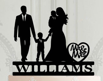 Personalised Wedding cake topper bride and groom with boy and baby, Cake decoration for wedding, acrylic silhouette, Bride holding baby