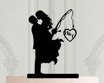 Personalised  Family Wedding Cake Topper Hooked for life , Fishing rod cake topper