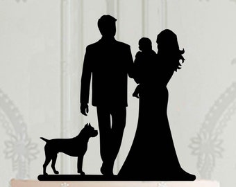 Custom wedding cake topper with baby and dog or a cat, Silhouette acrylic cake decor, Boxer cake topper, Bride with baby cake topper