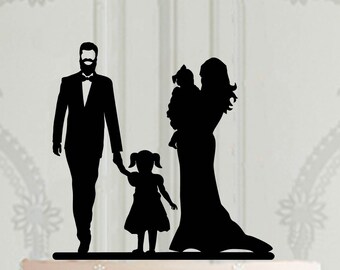 Wedding cake topper bride and groom with girl and baby, Cake decoration for wedding, acrylic silhouette, Bride holding baby wedding decor