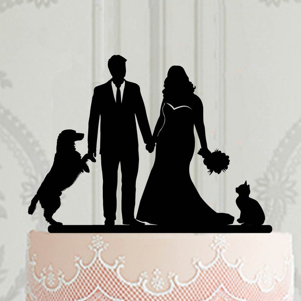 Custom silhouette wedding cake topper with pets, Curvy bride groom in suit cake topper for wedding, Customised  cat or dog cake decoration