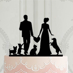 Custom Wedding cake topper with cats and dogs, silhouette topper  Bride and Groom holding heart, Customised Cake Topper