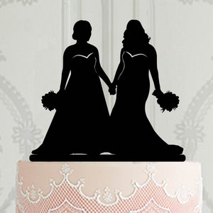 Lesbian wedding cake topper, Curvy bride holding flowers cake decor, 2 females wedding decoration