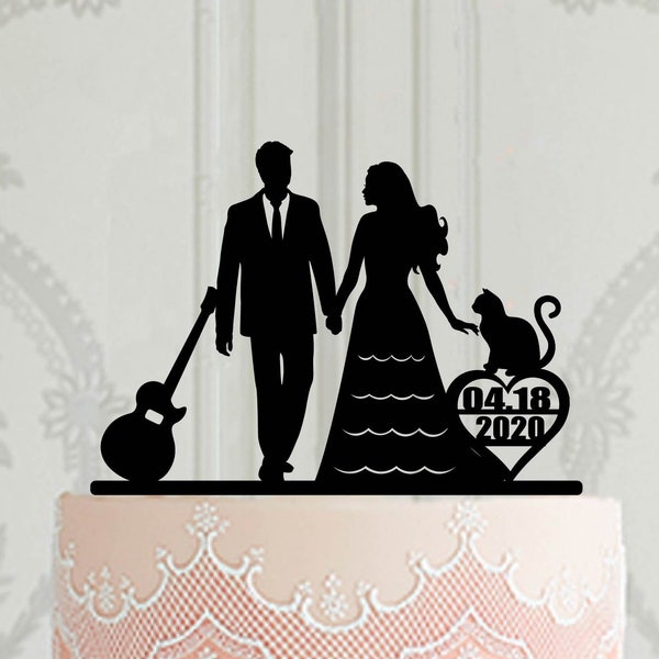 Personalised  cake topper with guitar and cat, Bride and groom cake decor, Guitar cake topper for wedding, Cake topper with date