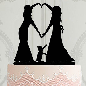 Lesbian  wedding cake topper with cat, Custom LGBT cake topper for wedding, Silhouette gay cake topper wedding decoration